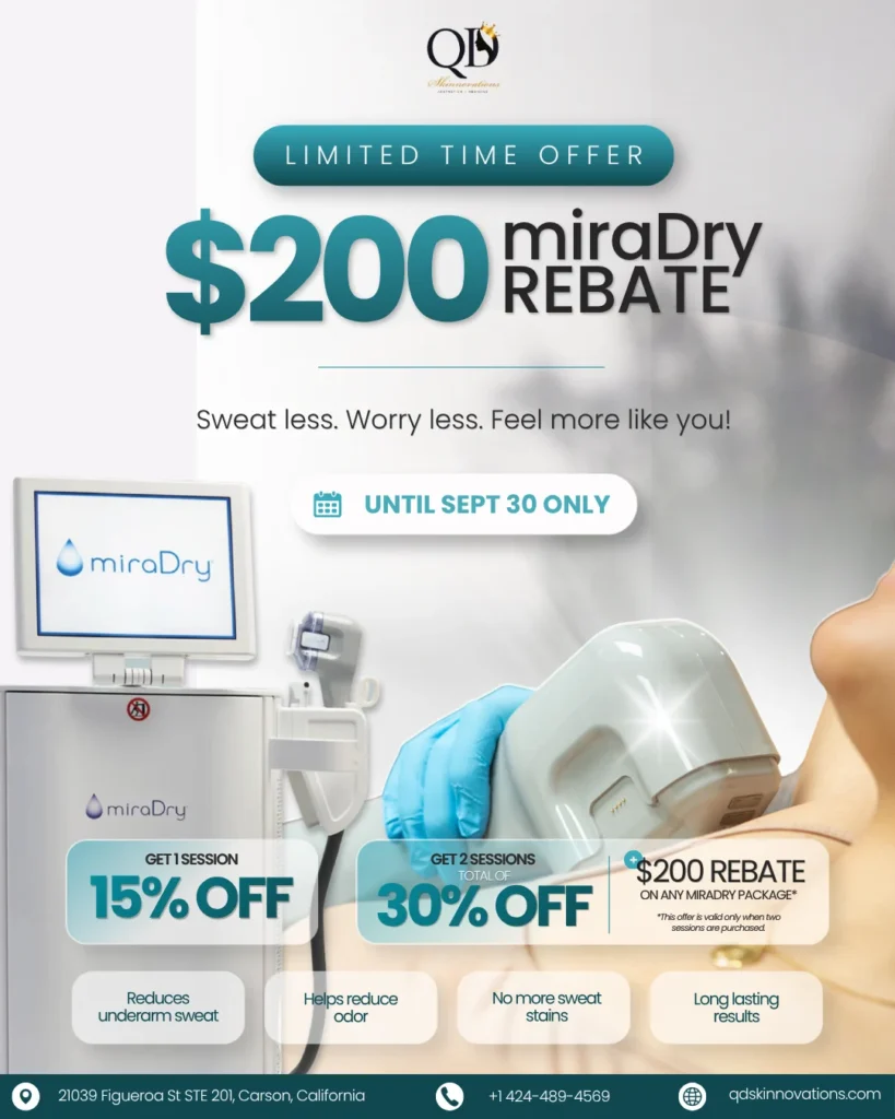 miraDry promotion at QD Skinnovations in Carson offering 15% off one session or 30% off two sessions through September 30, 2026