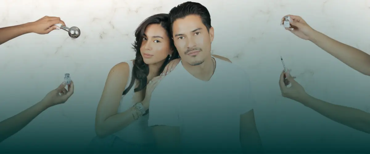 Woman and man posing beside hands holding injectable vials and a syringe, with a teal gradient background.